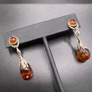 Elegant Amber Drop Earrings with Silver Detailing